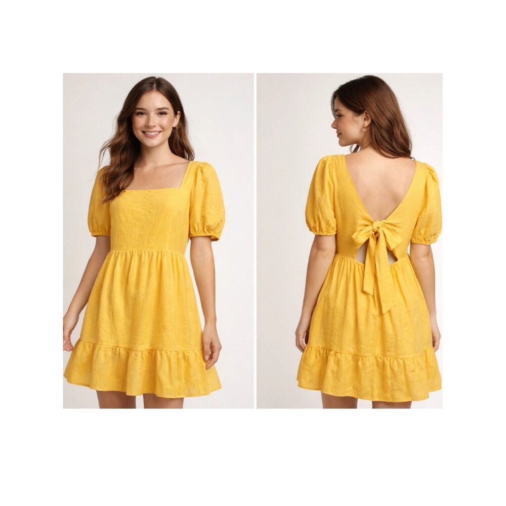 Copper Key Yellow Puff Sleeve Dress Open Back Bow Ruffle Square Neck Linen Sz S